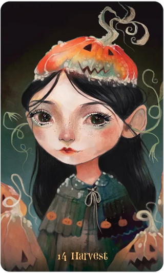 Illustration of a girl with pumpkin-themed headpiece and pumpkins around her on a dark background.