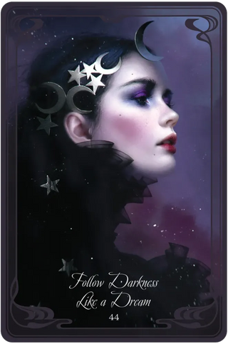 Card with a woman's profile and celestial elements, text 'Follow Darkness Like a Dream'.