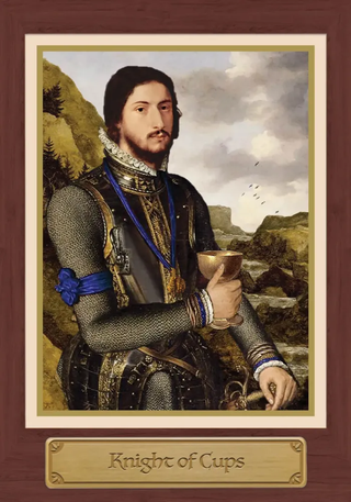 Card featuring a knight in armor holding a cup with a scenic background, labeled 'Knight of Cups'.