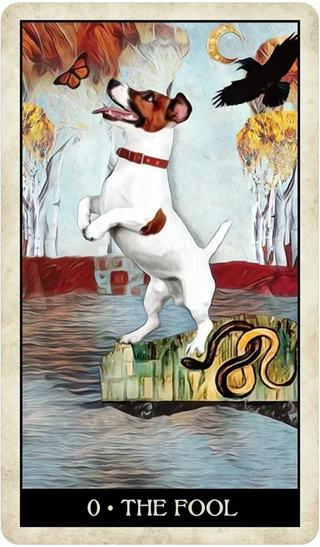Card from a tarot deck featuring a dog on a pedestal with a snake, surrounded by nature elements.