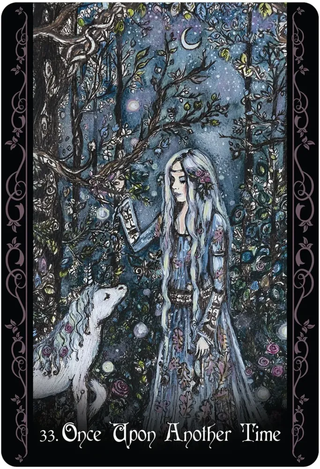 Fictional character with white hair and a white wolf in a mystical forest setting with stars and moon.