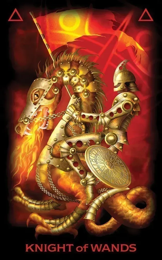 Steampunk-style dragon with armor and a flag, labeled 'Knight of Wands'.