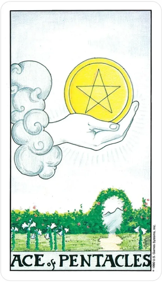 Ace of Pentacles tarot card with a hand holding a yellow pentacle coin against a scenic background.