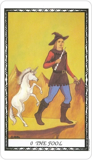 Card titled 'The Fool' featuring a person with a unicorn on a yellow background