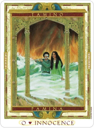 Card with a decorative border featuring two people in green clothing standing in water, with 'Pamina' and 'O Innocence' text.