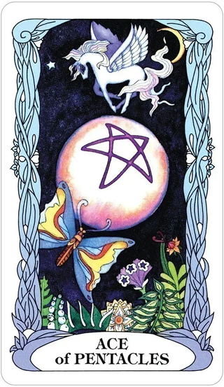 Ace of Pentacles tarot card with a pentacle symbol, butterfly, and unicorn in a decorative frame.