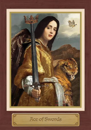 Card featuring a woman with a sword and a tiger, labeled 'Ace of Swords', on a decorative background.