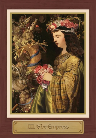 Vintage-style illustration of a woman in a green dress holding flowers, with a rabbit and a heart-shaped object, framed as 'The Empress' card.