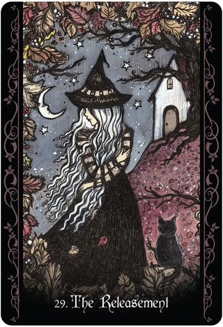 Card featuring a witch with long hair and a black cat in a mystical forest setting.