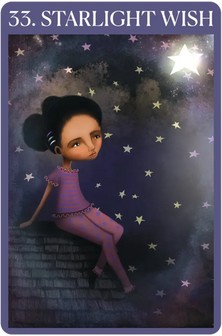 Card titled '33. Starlight Wish' featuring a girl sitting on a wall with stars and a bright star in the background.