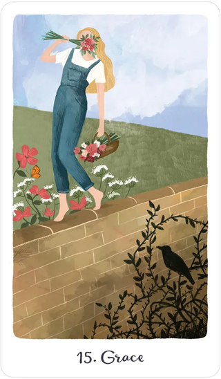 Illustration of a woman in overalls holding flowers on a wall with a bird and flowers in the background.