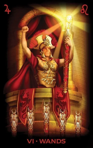 Tarot card featuring a warrior with a red cape and gold armor, holding a staff, with 'VI. Wands' text at the bottom.