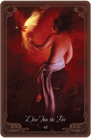 Artistic card with a figure reaching towards a bright light against a red background.
