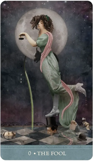 Tarot card featuring a figure labeled 'The Fool' with a moon in the background