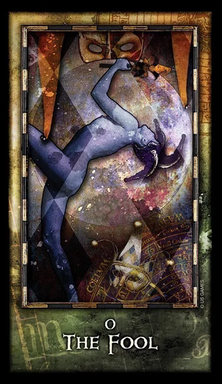 Tarot card titled 'The Fool' with a stylized figure and abstract design.
