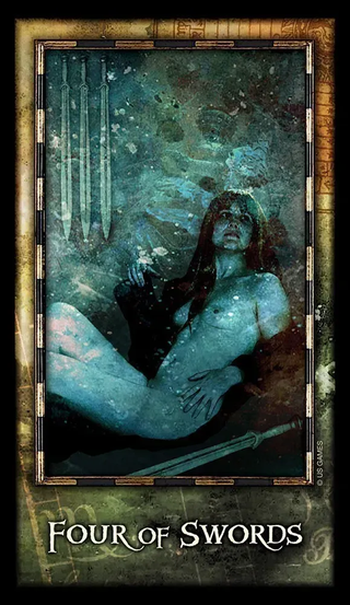 Four of Swords tarot card with a dark, mystical design.