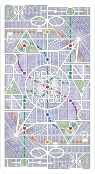 Geometric patterned card with colorful shapes and a central design.