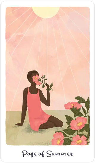 Illustration of a woman in a pink dress holding flowers with a floral background and 'Page of Summer' text.