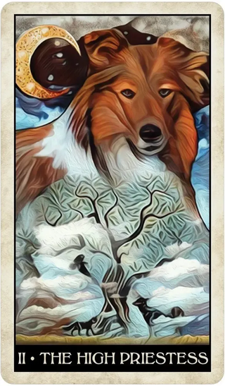 Card featuring a stylized wolf with a moon and landscape, labeled 'The High Priestess'.