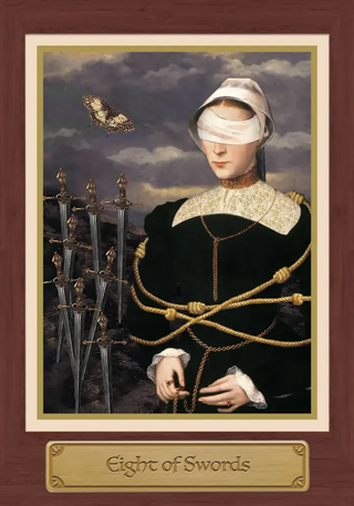 Artistic depiction of a woman with blindfolded eyes and bound hands, surrounded by swords, on a dark background.