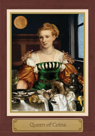 Portrait of a woman in a green dress with 'Queen of Coins' text on a wooden frame.