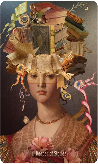 Artistic depiction of a woman's head with books and decorative elements, titled 'Keeper of Stories'.