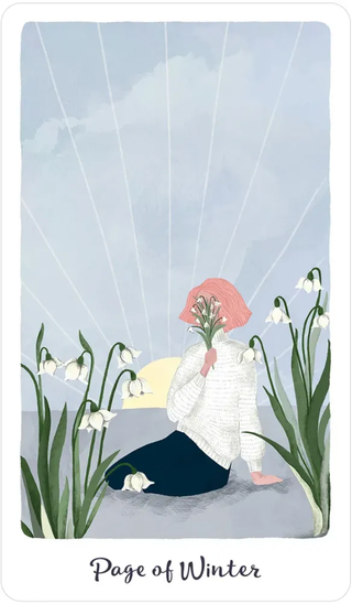 Illustration of a person sitting among flowers with 'Page of Winter' text