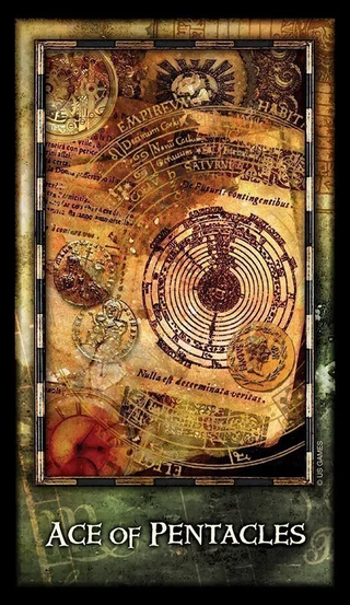 Vintage-style card with astrological symbols and text, labeled 'Ace of Pentacles'.