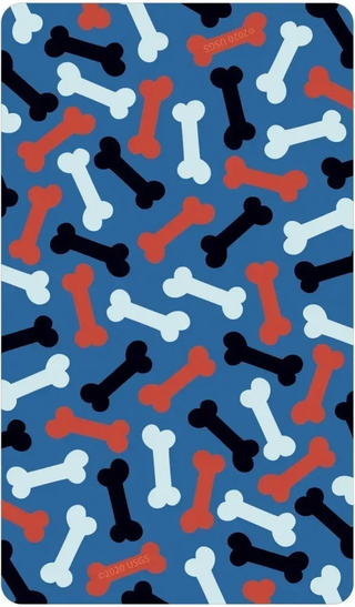 Pattern of red, white, and black bones on a blue background