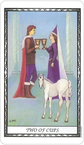 Two of Cups tarot card with a man and woman holding cups and a horse.