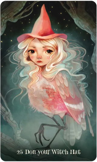 Illustration of a fairy wearing a witch hat with a mystical background