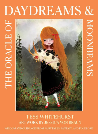Product image for 'The Oracle of Daydreams & Moonbeams', featuring an illustration of a female figure with long red hair, wearing a black dress and holding a white flower. The background includes a serene landscape.