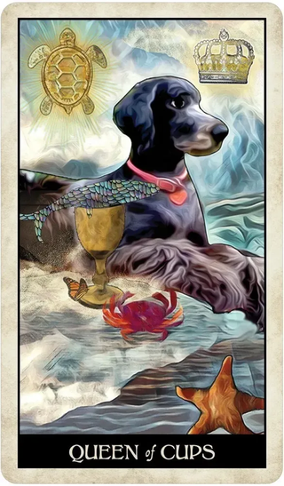 Card featuring a dog with a crown, turtle, and other symbols on a water-themed background.