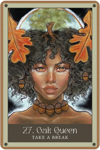 Artistic depiction of a woman with natural hair and autumn leaves, titled 'Gak Queen Take a Break'.