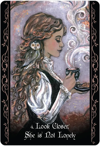 Artistic depiction of a woman with an owl on her shoulder holding a cup, with decorative elements.