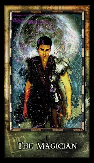 Tarot card featuring 'The Magician' with a stylized illustration of a person holding a sword.