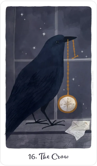 Illustration of a crow perched on a windowsill with a pocket watch, against a starry night sky.
