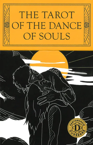 Product image for 'The Tarot Of The Dance Of Souls', featuring an illustration of two figures embracing amidst abstract shapes against a yellow background, with a seal at the bottom right.