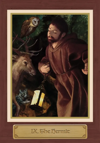 Card featuring a hermit with a deer, owl, and cat, labeled 'IX. The Hermit'.