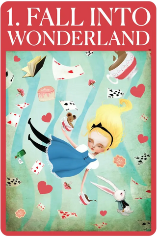 Illustration of a character falling into Wonderland with text '1. Fall into Wonderland' on a red border.