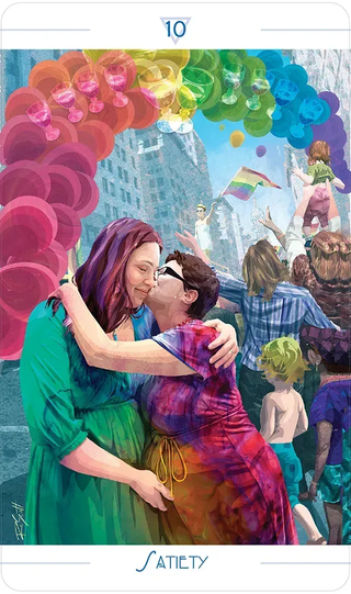 Two people hugging under a colorful arch with a cityscape in the background, labeled 'Satiety'.