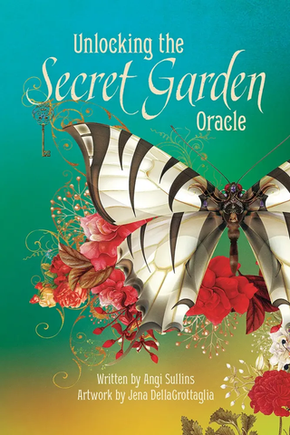 Book cover of 'Unlocking the Secret Garden Oracle' with a butterfly and floral design on a green background.
