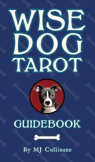 Cover of 'Wise Dog Tarot Guidebook' with a dog illustration on a blue background