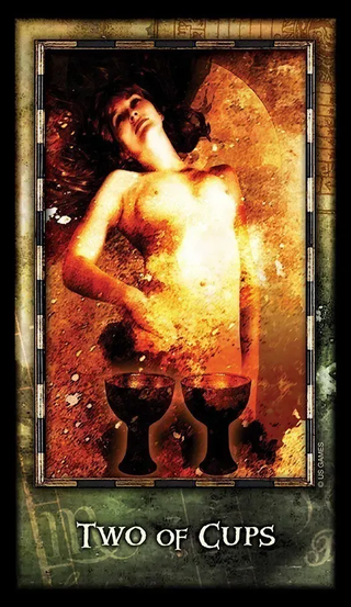 Two of Cups tarot card with a person holding two cups in a warm-toned setting.