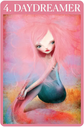 Card featuring an illustration of a 'Daydreamer' with pink hair and a colorful background.