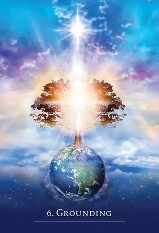 Tree growing from a globe with a bright light above, set against a colorful sky.