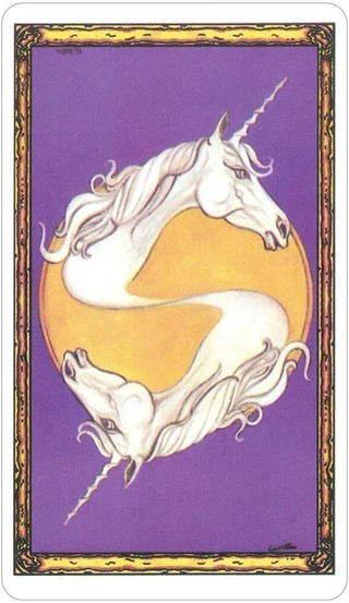 Unicorn design on a purple and orange background with decorative border