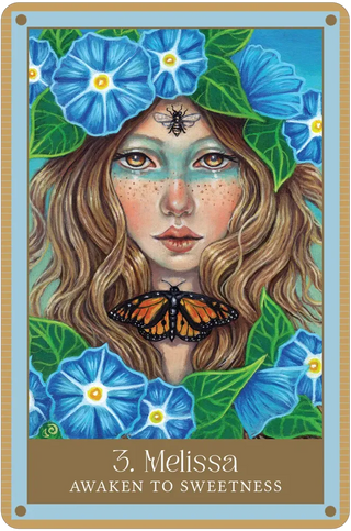 Card featuring a stylized illustration of a woman with flowers and butterflies, labeled '3. Melissa Awaken to Sweetness'.