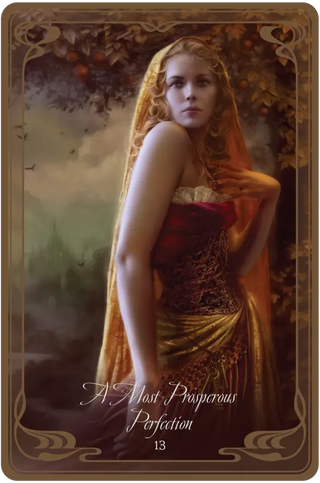 Tarot card with a woman in a red dress and veil, labeled 'A Most Prosperous Perfection 13'.