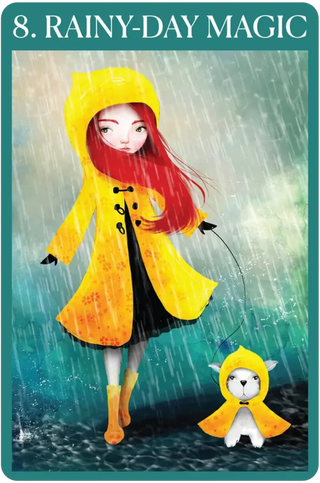 Illustration of a person in a yellow raincoat with a dog in a raincoat, standing in the rain with text '8. Rainy-Day Magic'.